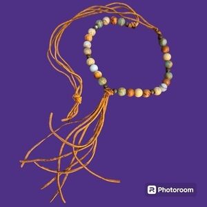 Long Jasper Beaded Leather Tassel Rustic Boho Festival Necklace Belt